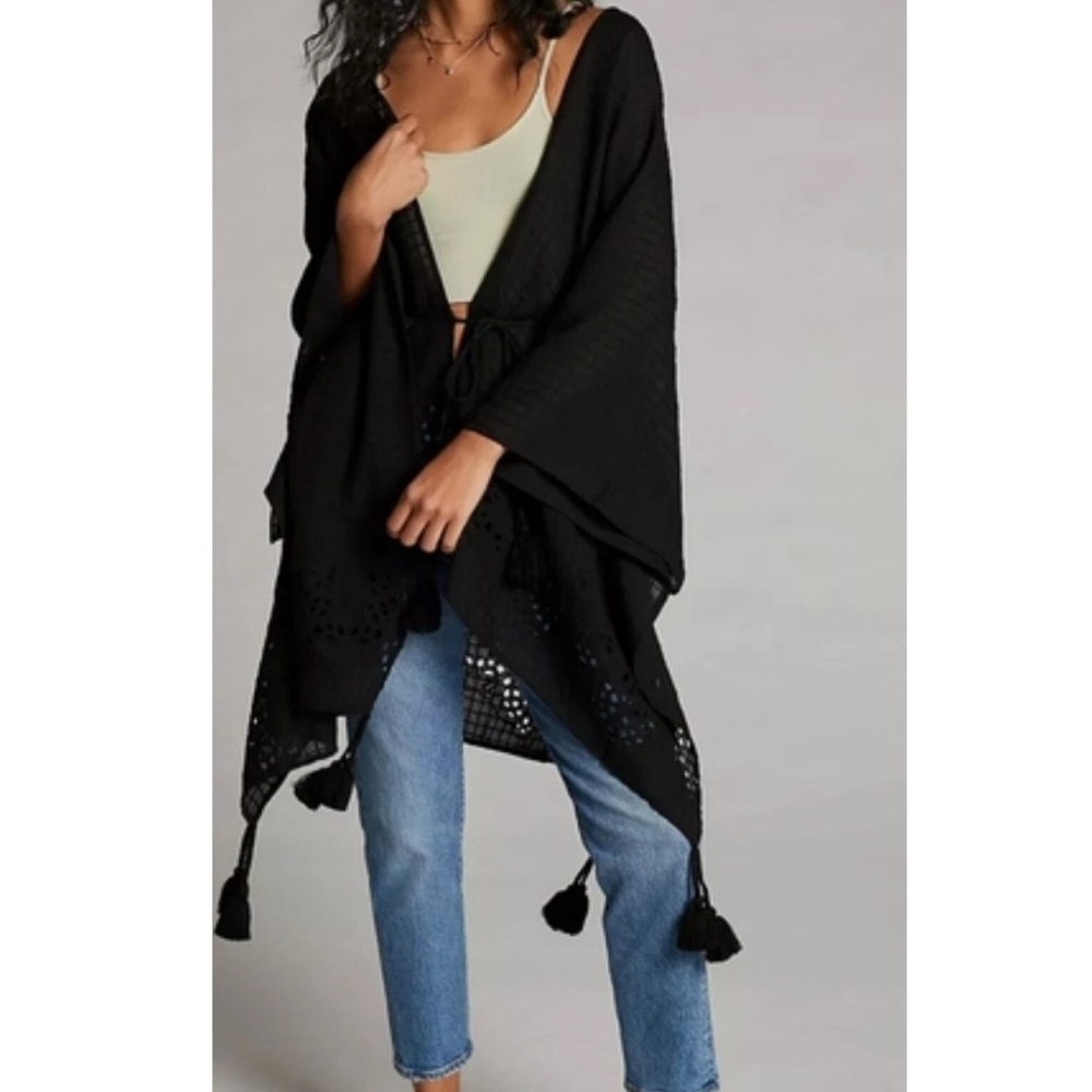 ANTHROPOLOGIE Tasseled Eyelet Kimono Black Size OS NEW